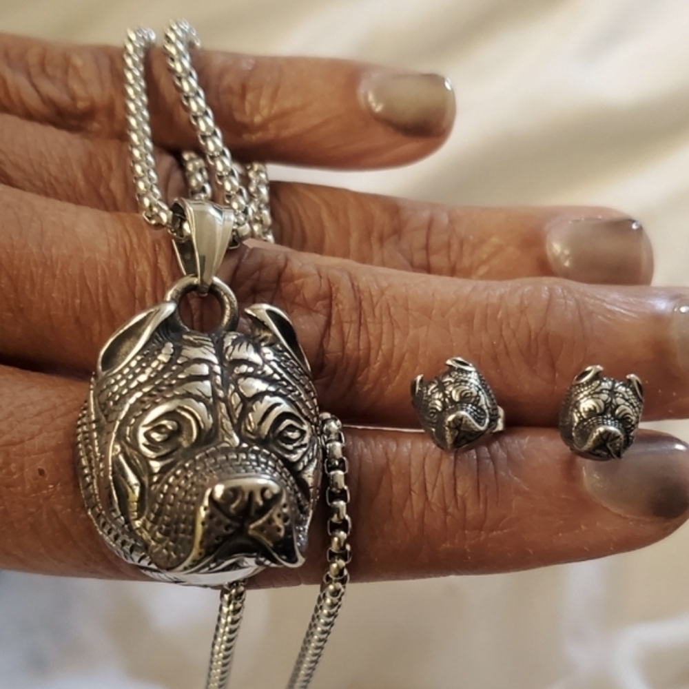 Bulldog Necklace Earrings Set Stainless Steel Silver - Picture 2 of 7